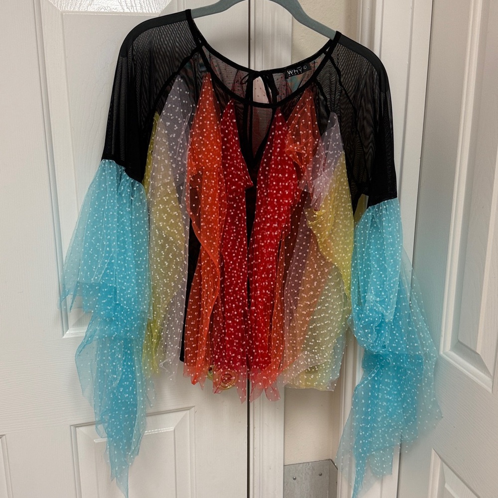 Colorful Sheer Mesh Top with Flared Sleeves